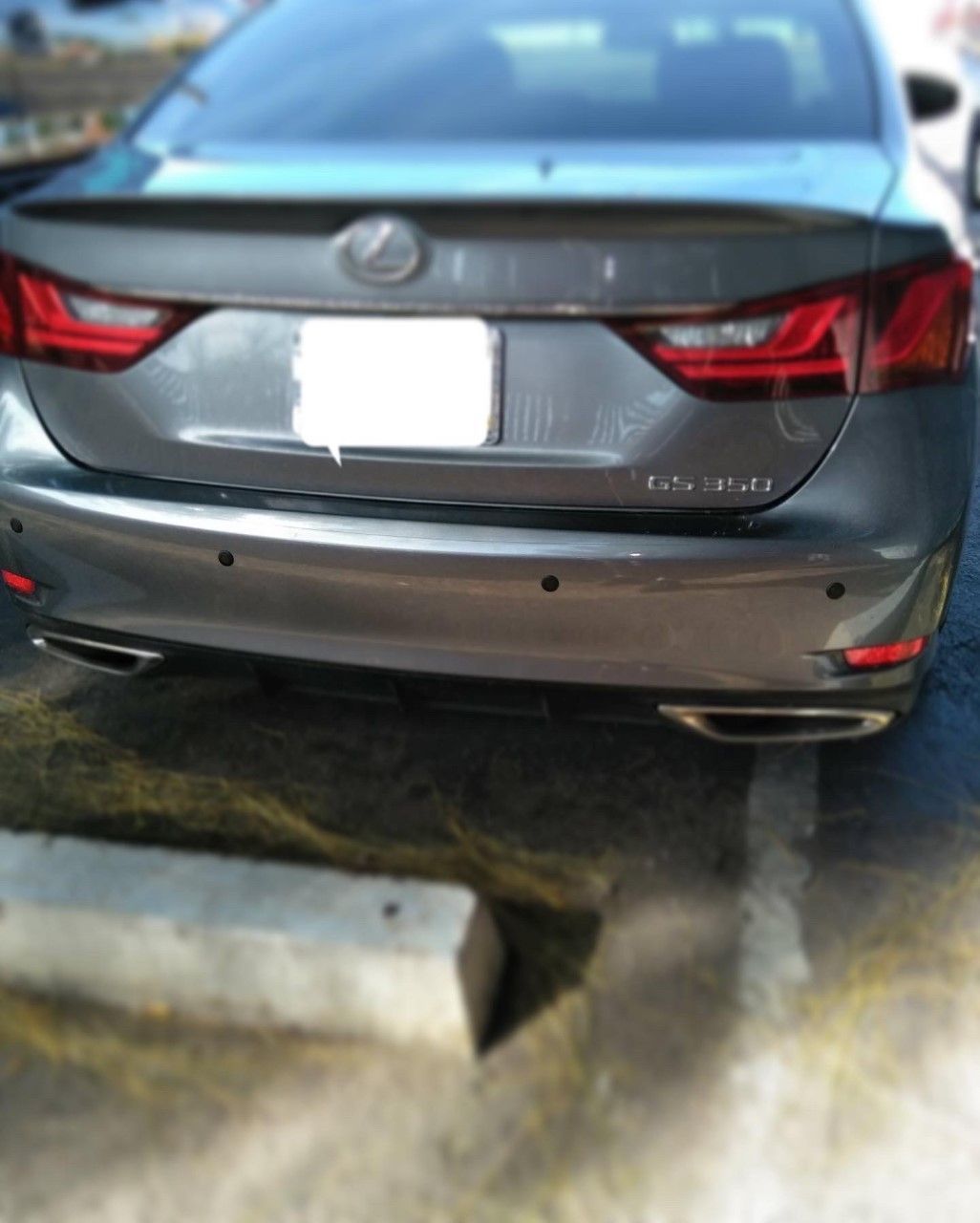 Rear view of a gray sedan parked at a curb, with taillights on and a blurred license plate.
