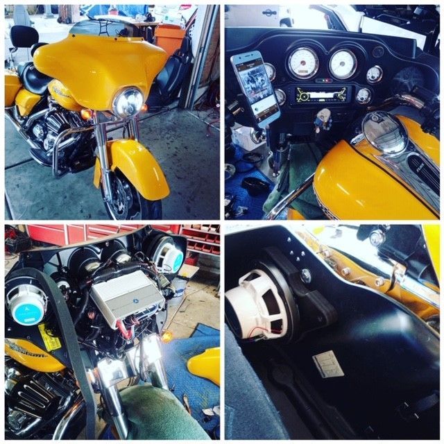 Collage of a yellow motorcycle and its black dashboard, engine, and seat details inside a garage