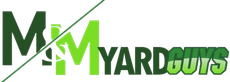 Logo for M&M Yard Guys, featuring a dark green 'M' and bright green 'M' split by a diagonal line, followed by the text.