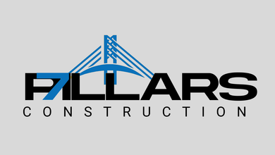 A logo for pillars construction with a bridge in the background