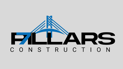 A logo for pillars construction with a bridge in the background