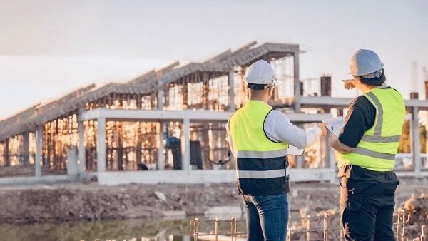 Two construction workers are standing in front of a building under construction.