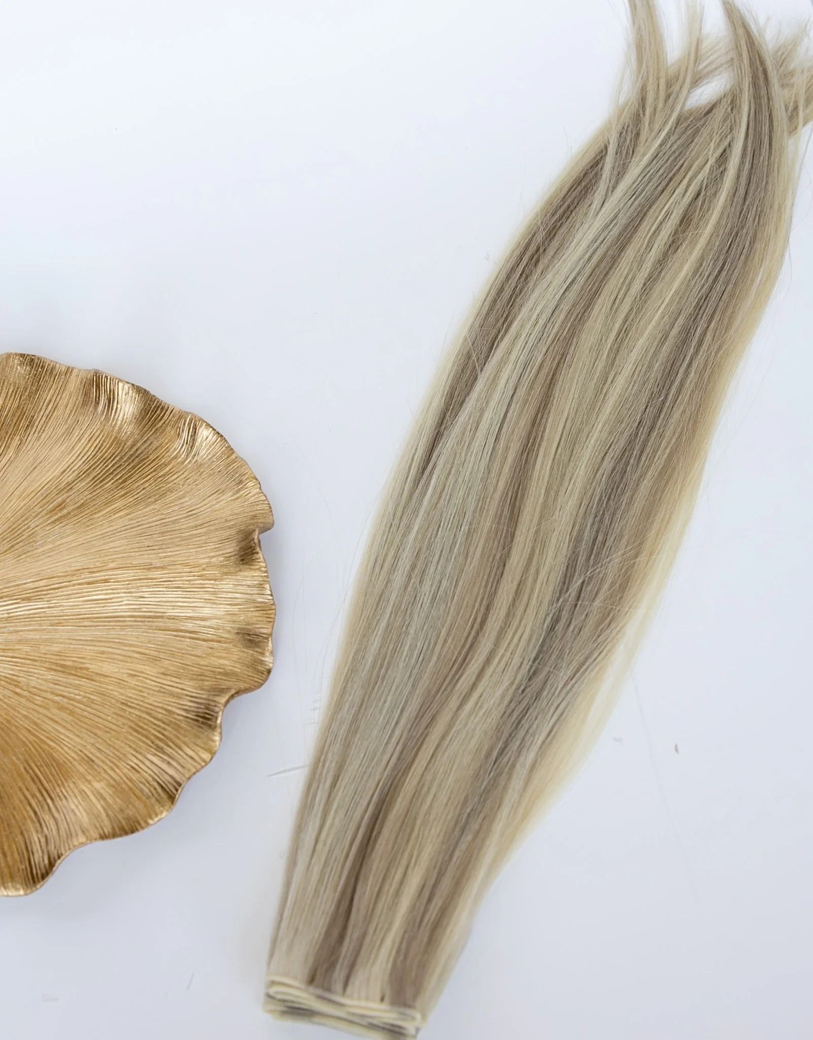 A long, pale beige tassel with fine strands beside a gold textured decorative piece.