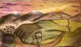 Painted landscape of rolling green hills, a winding path, and warm sunset clouds over distant mountains