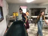 Two people in a laundromat loading clothes into large washing machines.