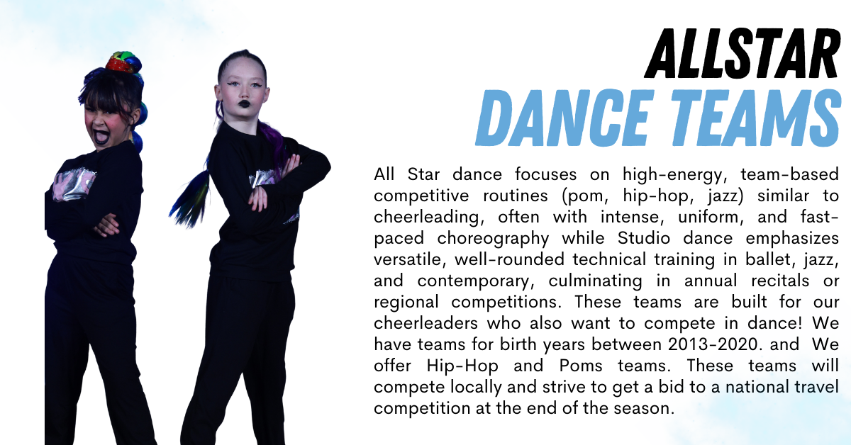 Two young dancers in black pose next to text: “Allstar Dance Teams” promoting high-energy, team-based competitions.