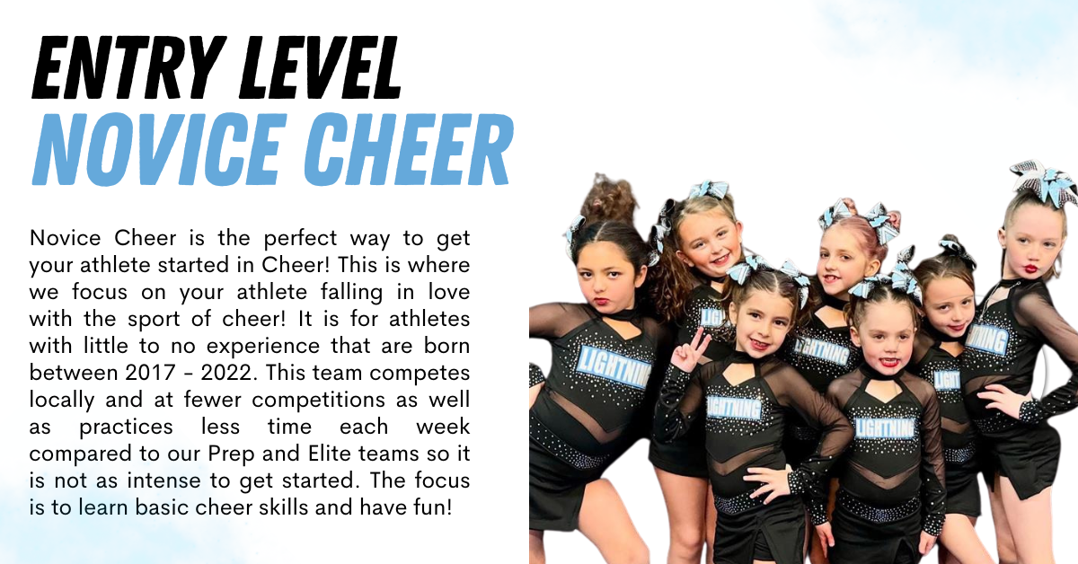 Entry-level novice cheer team posing. Girls in matching black outfits smile; the text outlines team details.