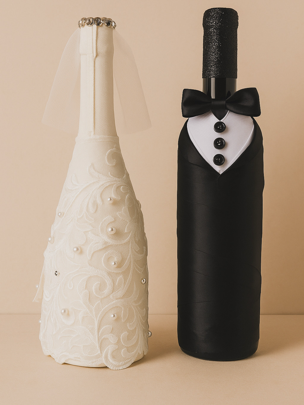 Two decorated wine bottles, one ivory and one black with a bow tie, standing side by side.