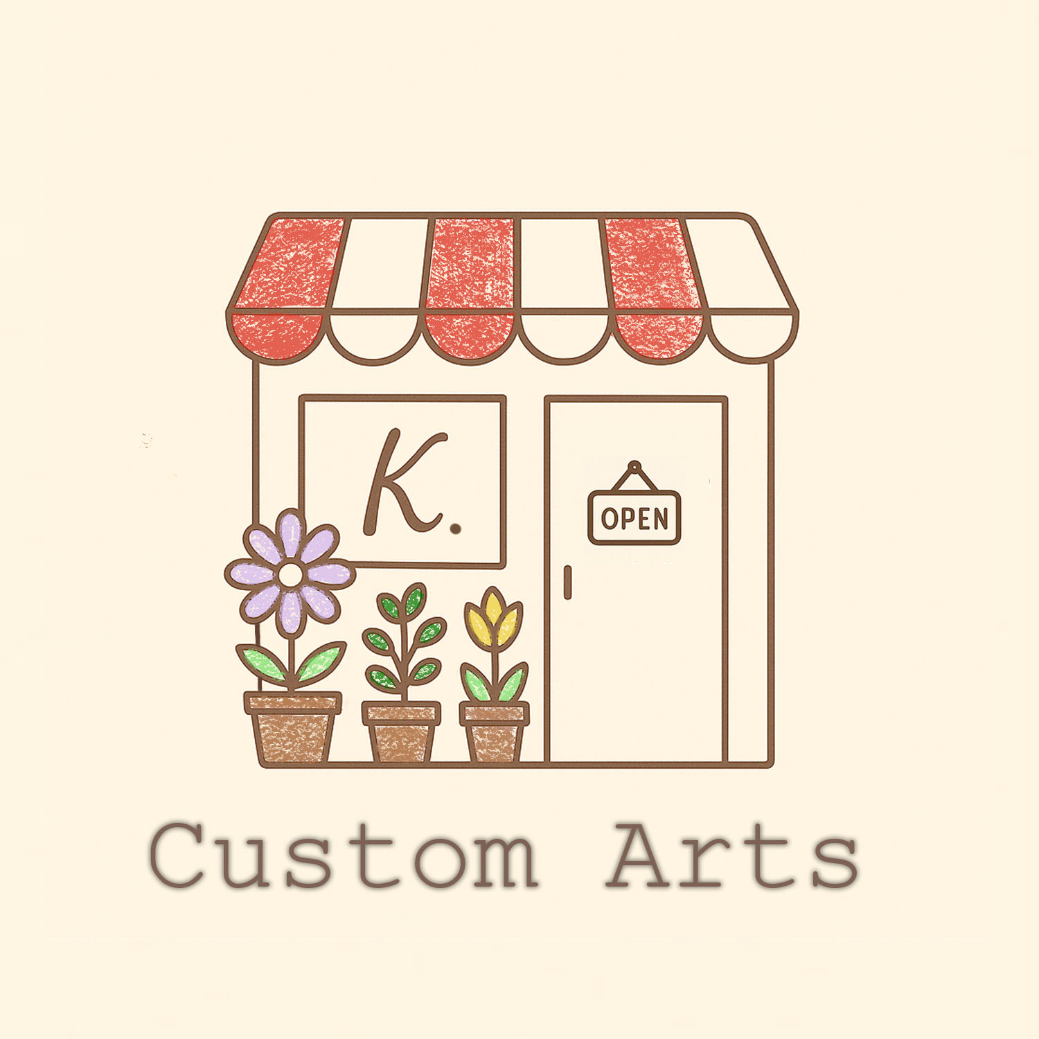 Illustrated boutique storefront with striped awning, potted flowers, and “Custom Arts” sign