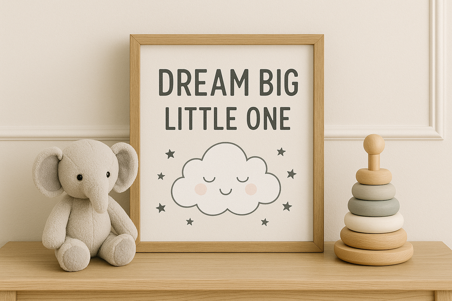 Framed “Dream Big Little One” print on a shelf, with a plush elephant and wooden ring stacker.