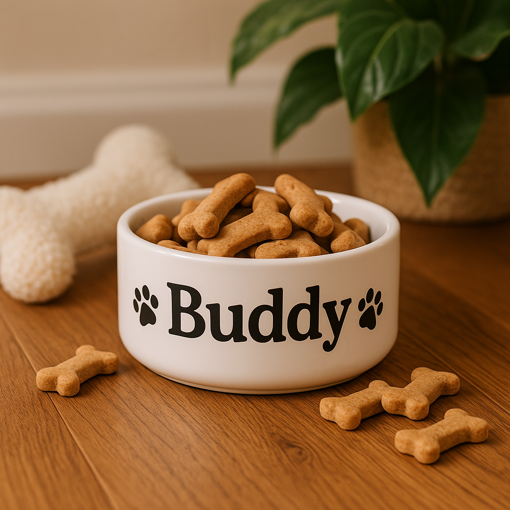 White dog treat bowl labeled “Buddy” on a wooden table with treats and a plush toy nearby.