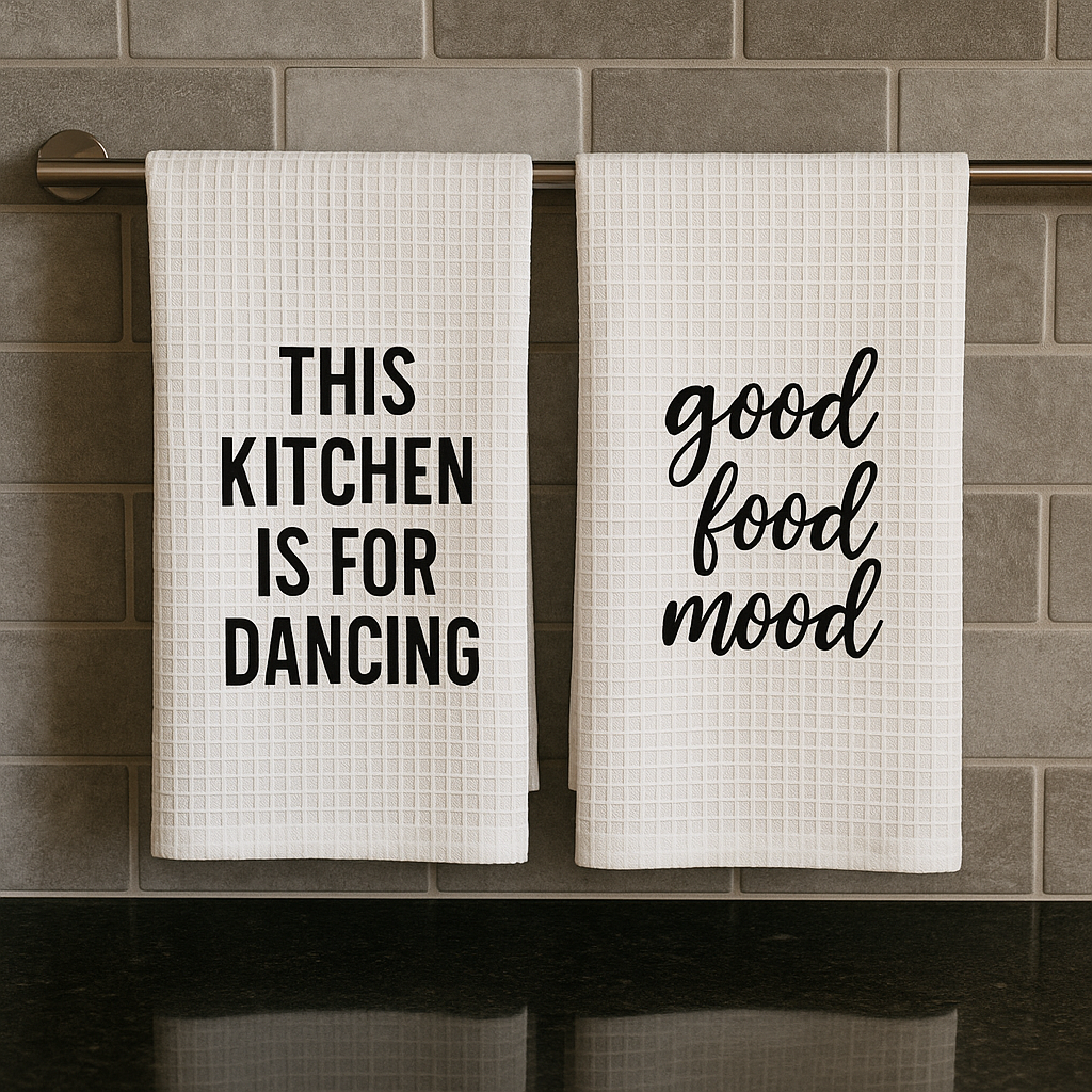 Two white kitchen towels on a tiled wall read “THIS KITCHEN IS FOR DANCING” and “good food good mood.”