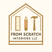 Gold logo of a house outline with ruler, pencil, and hammer above “From Scratch Interiors LLC”