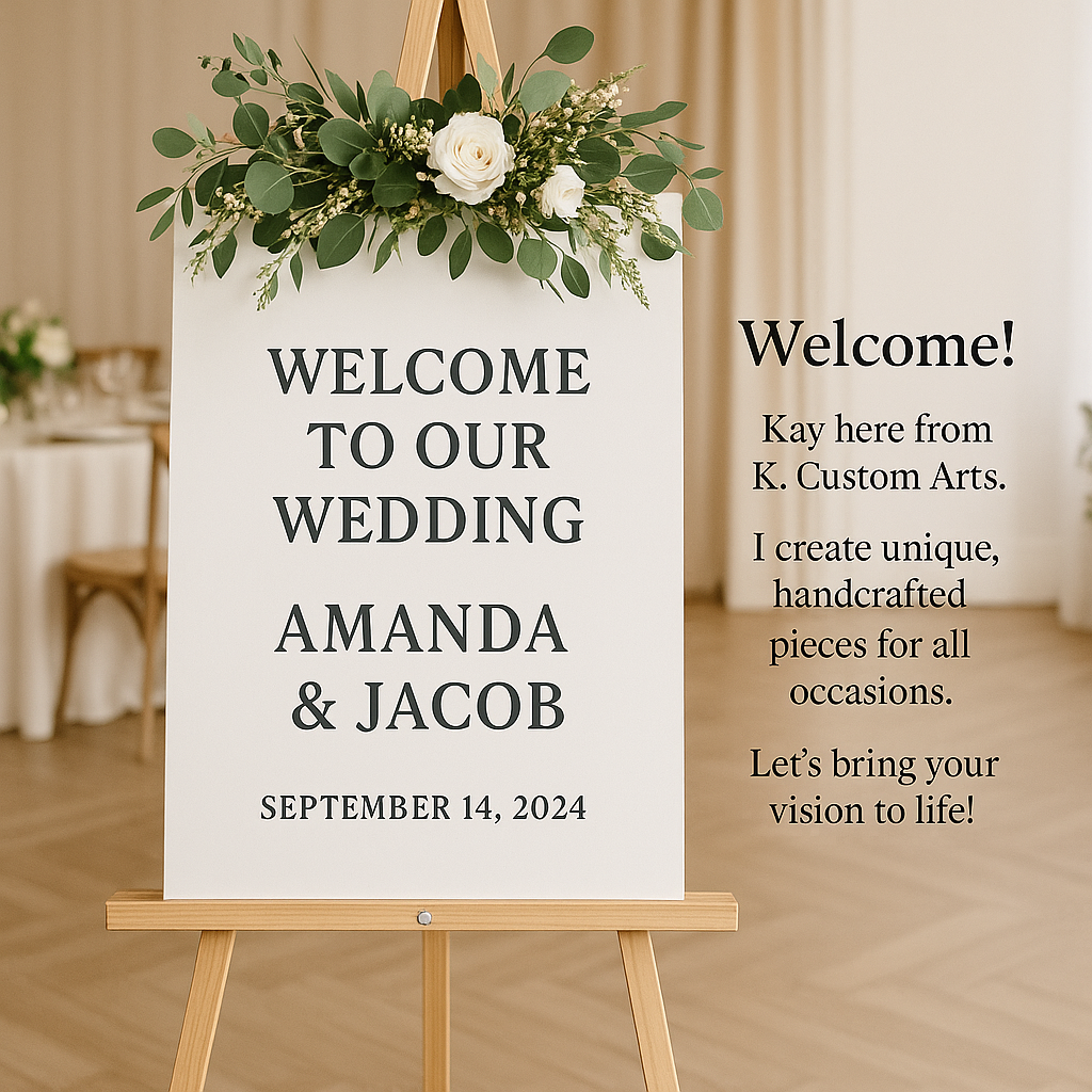 Wedding welcome sign on an easel with white floral greenery, reading “Welcome to our wedding Amanda & Jacob.”