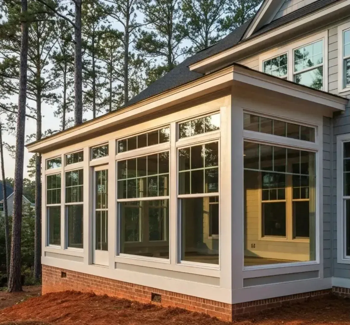 Sunroom addition with white trim and large windows on a brick foundation beside tall pine trees
