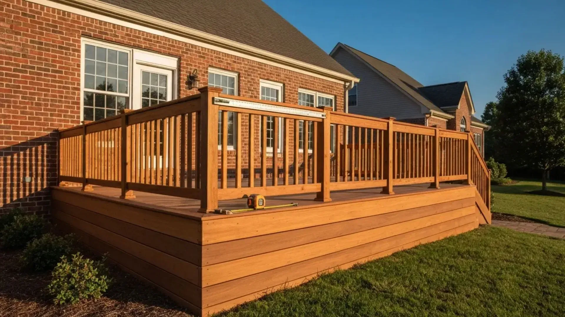 Wooden deck with railings attached to a brick house in a sunny backyard