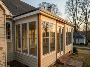 Sunroom addition with beige siding, large windows, and a small brick step beside a house.