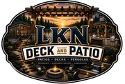 LKN Deck and Patio logo with sunset patio scene, pergola, fire pit, and trees in warm tones