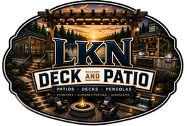 LKN Deck and Patio logo with sunset patio scene, pergola, fire pit, and trees in warm tones