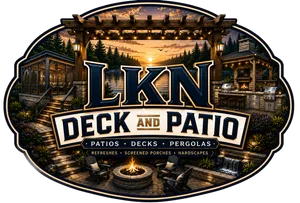 LKN Deck and Patio logo with sunset patio scene, pergola, fire pit, and trees in warm tones