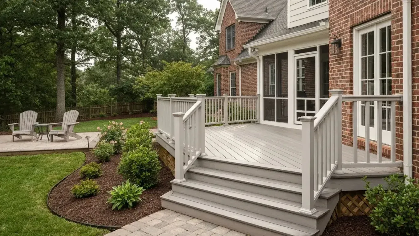 Front porch with white steps and railing on a brick house beside a landscaped backyard patio.