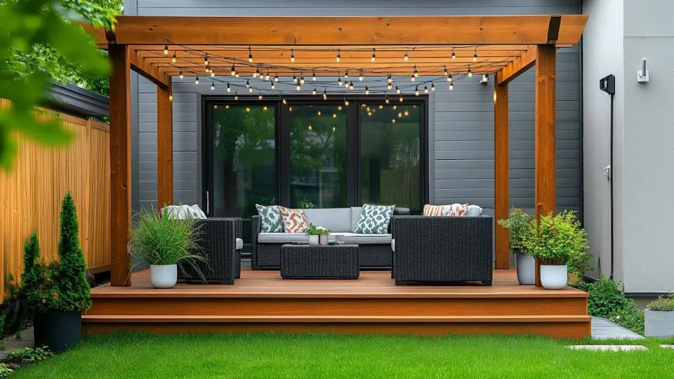 Modern backyard patio with wooden pergola, wicker seating, string lights, and potted plants