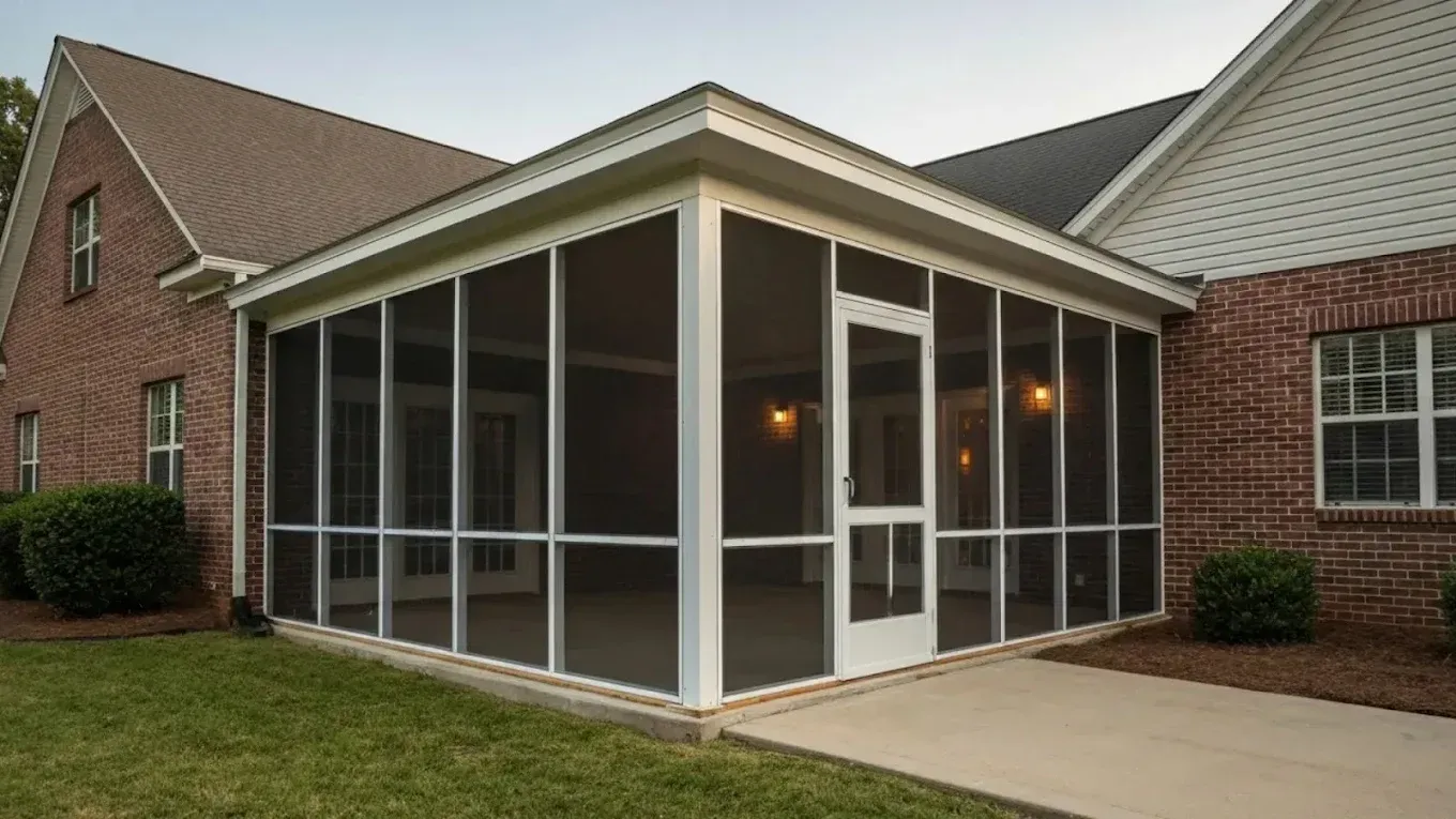 Screened porch attached to a brick house with white trim and a concrete walkway