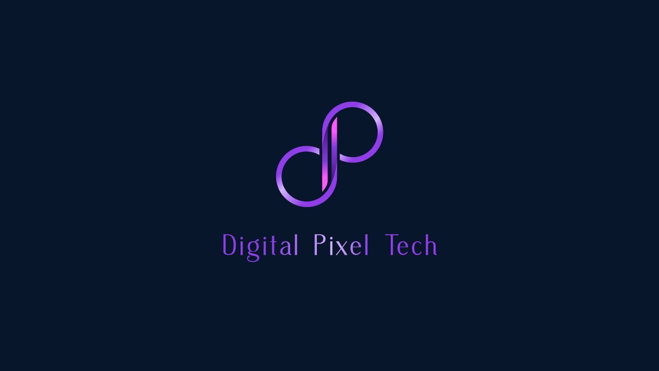 A digital pixel tech logo with a purple letter p on a dark blue background.