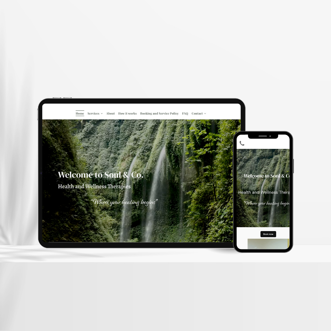 Tablet and smartphone displaying a website with a waterfall background and text: