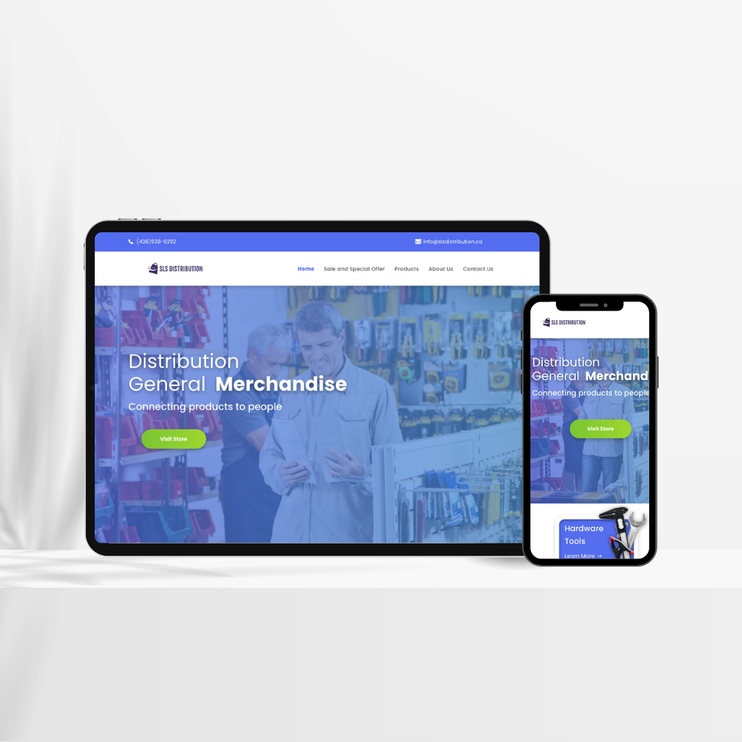 Website displayed on a tablet and phone, showcasing general merchandise distribution with a blue and green color scheme.