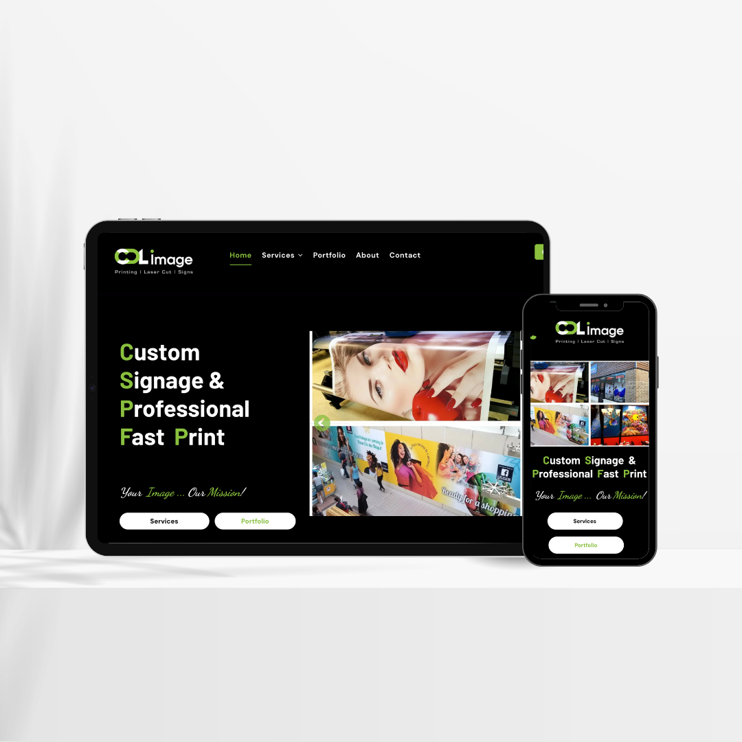 Tablet and smartphone displaying the CL Image website: black background, green and white text, custom signage and printing.