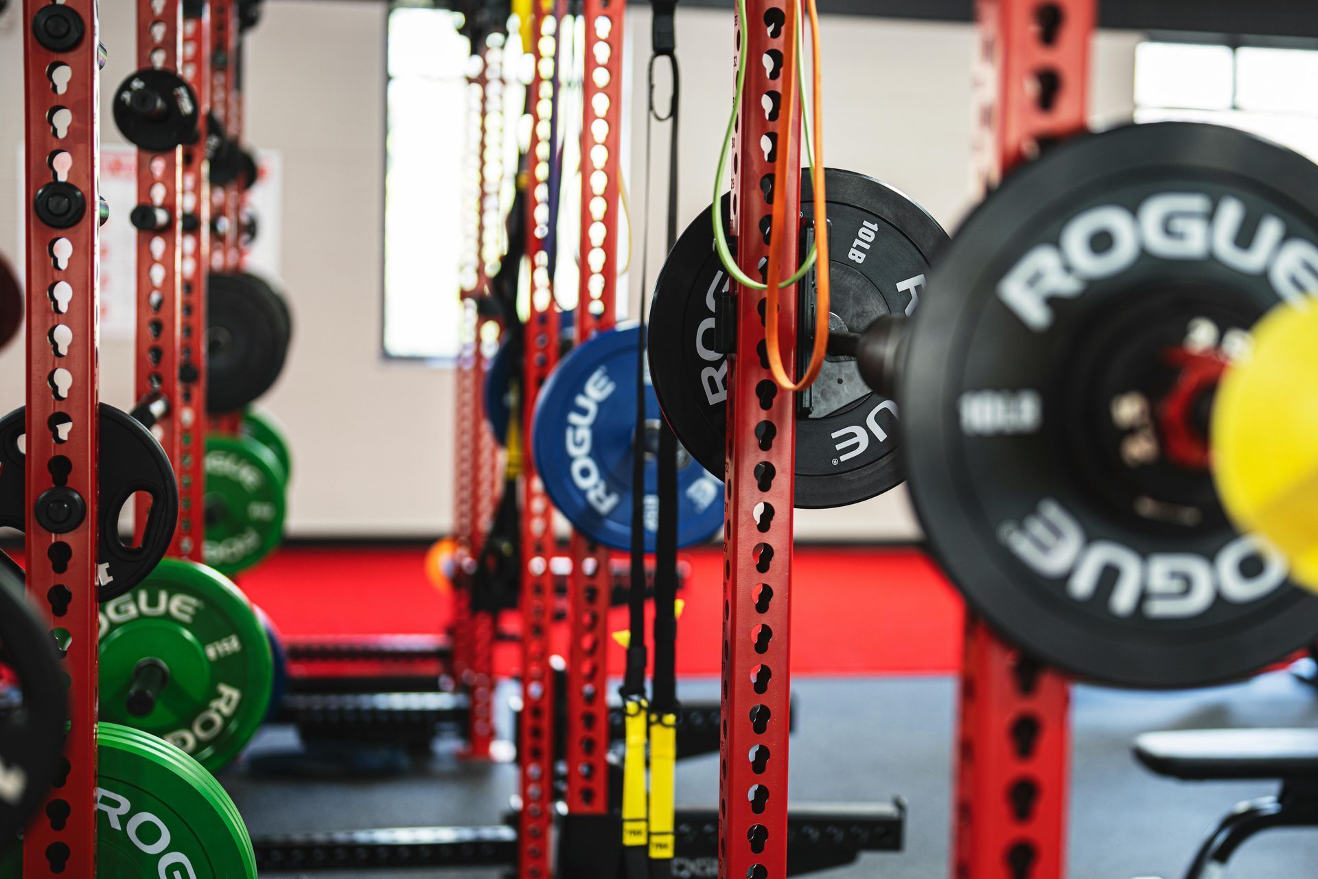 A row of rogue barbells are hanging from a rack in a gym.