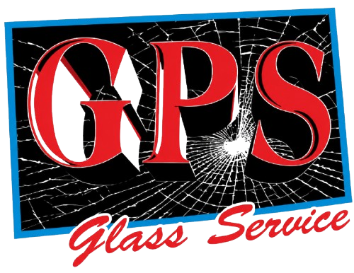 GPS Glass Service logo with red letters over cracked glass on black and blue background
