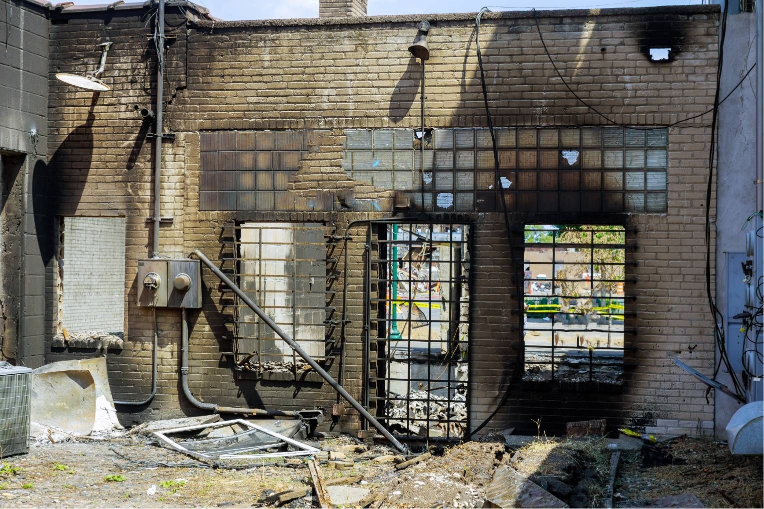 Fire-damaged brick building interior with burned walls, debris, and two window openings.