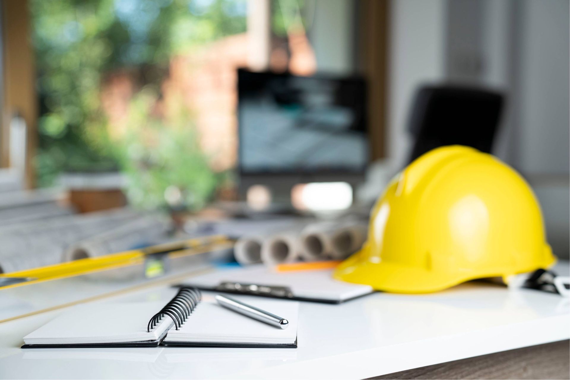 Yellow hard hat and tools on a desk in a blurred construction office