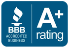 BBB Accredited Business and A+ rating logo on a blue background