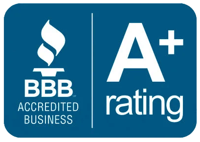 BBB Accredited Business and A+ rating logo on a blue background