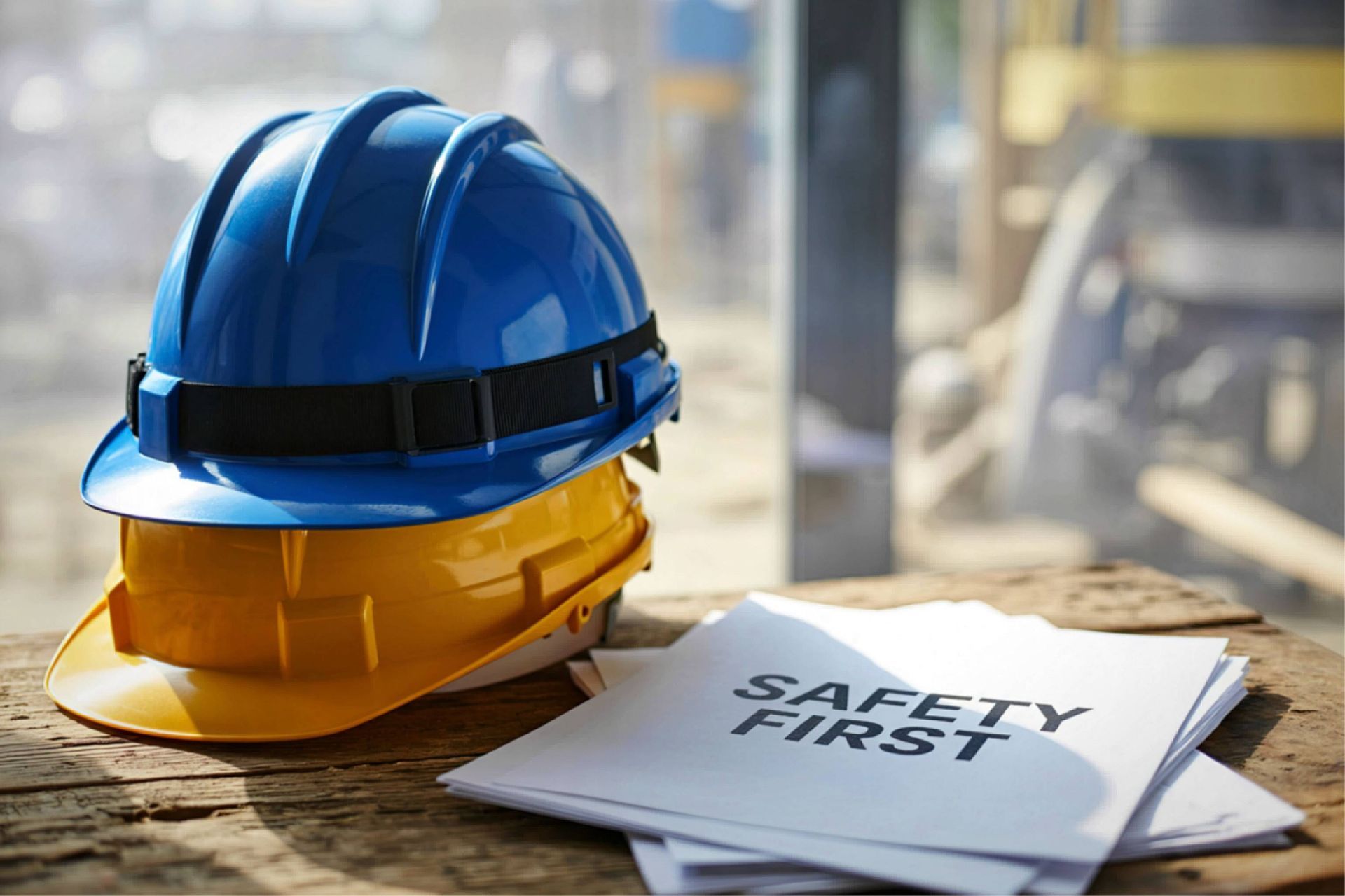 Blue hard hat on a table beside papers labeled “Safety First” in a bright industrial setting