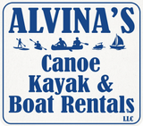 Alvina's Canoe & Boat Rental LLC logo with canoeists on a lake surrounded by mountains and pine trees