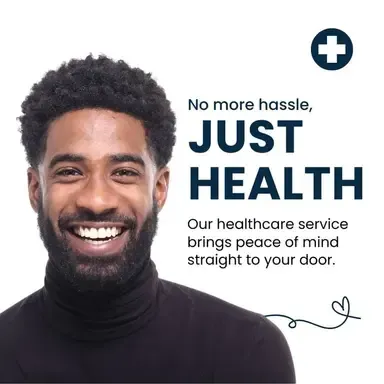 A man with a beard is smiling in front of a sign that says just health