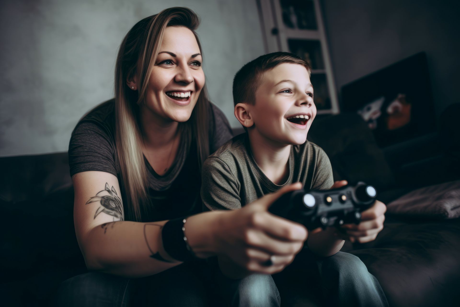 Une femme et un garçon jouent ensemble à un jeu vidéo.