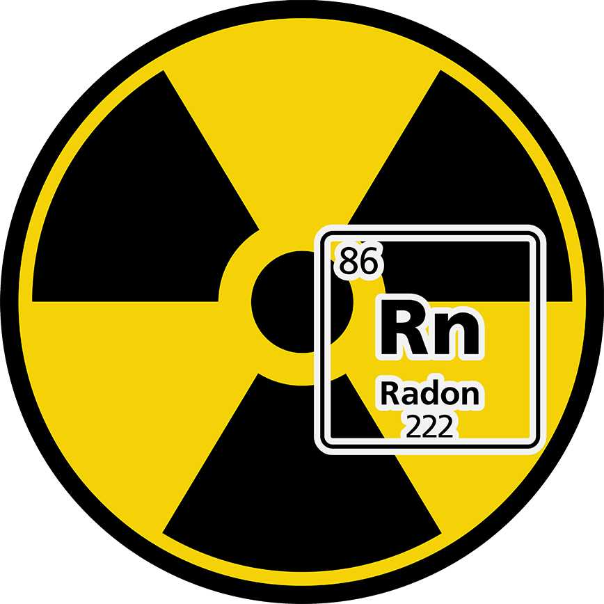Un symbole radioactif jaune et noir avec l'élément chimique radon