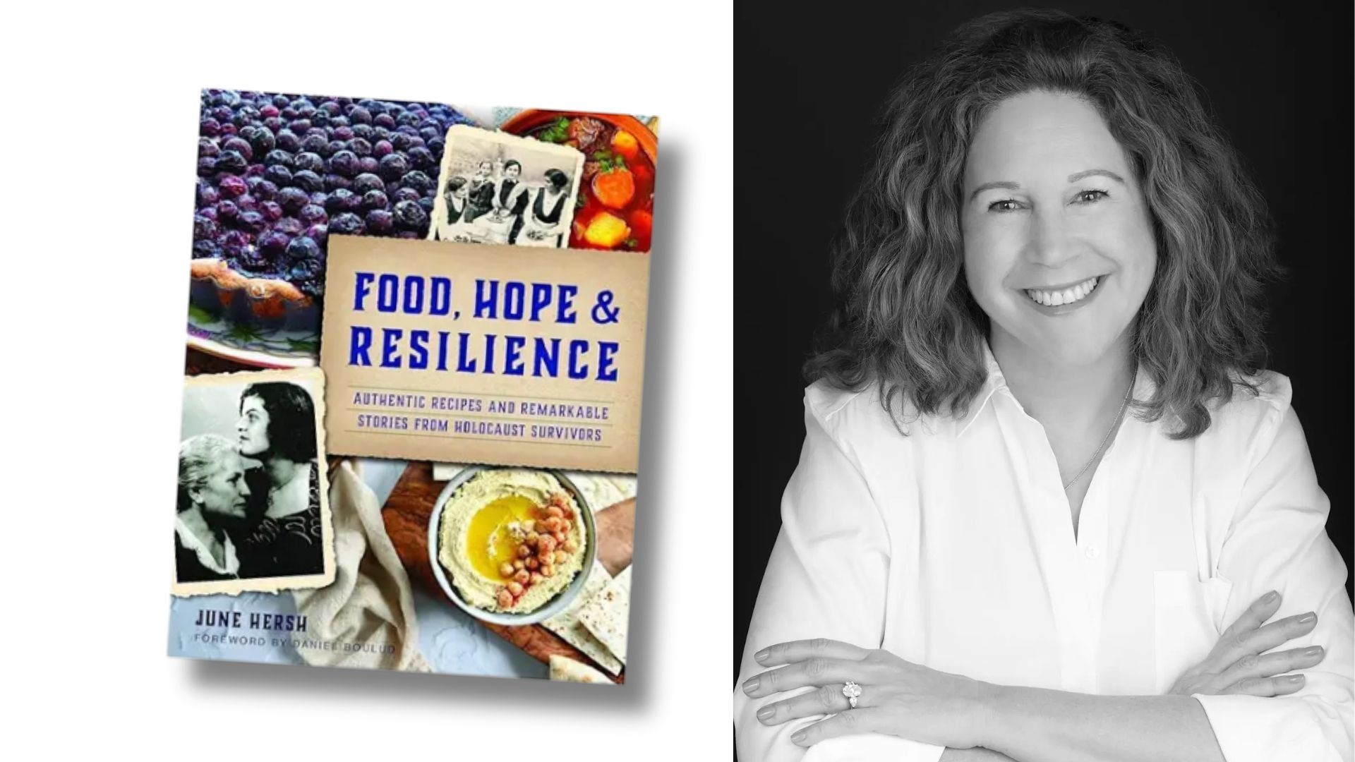 Book cover “Food, Hope & Resilience” beside a black-and-white portrait of a smiling woman