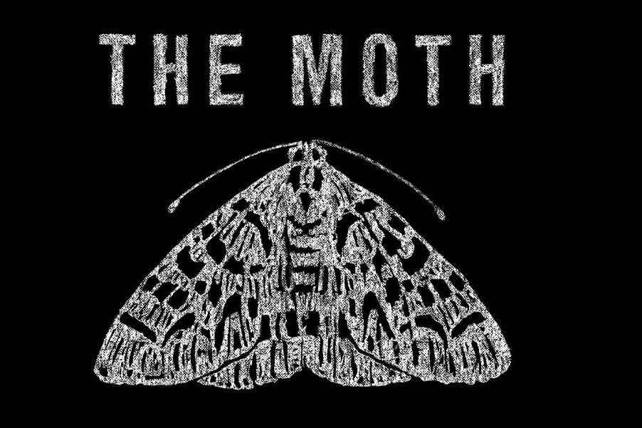 Black-and-white “THE MOTH” text above a detailed moth illustration on a black background