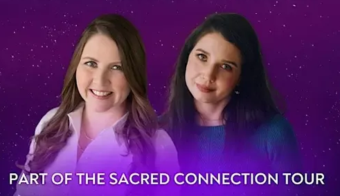 Two women against a purple background with text: