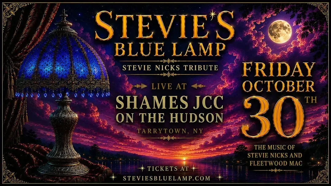 Poster for Stevie’s Blue Lamp live jazz night with Shames JCC on the Hudson, Friday October 30, in purple and gold