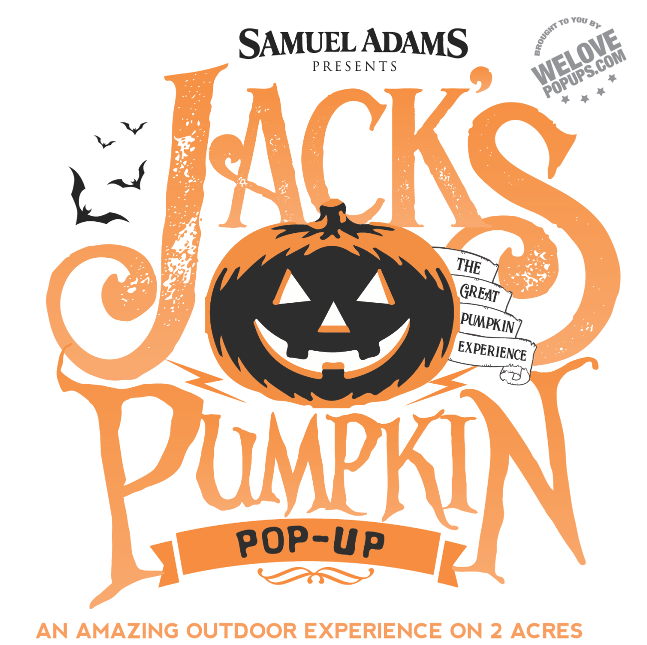 Samuel Adams Jack's Pumpkin Pop-Up poster with orange lettering, jack-o'-lantern, and bats on white background