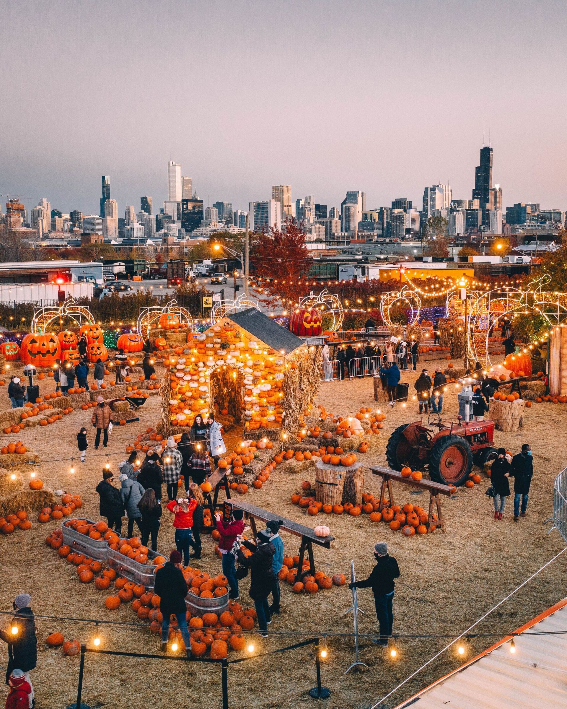 Pumpkin festival market with glowing lights, hay bales, and a city skyline at dusk