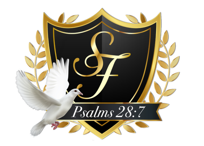 Gold and black Christian emblem with initials “SF,” white dove, and “Psalms 28:7” on a shield.