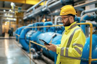 Worker in yellow hard hat and high-vis jacket using a tablet in an industrial plant with blue machinery.